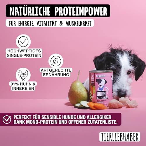 TIERLIEBHABER – Hundefutter Nass 400g Huhn mit Gemüse – Von Tierärzten entwickelt – Nassfutter Hund mit 90% Fleischanteil – Dog Food als Hundenassfutter 400g Dosen