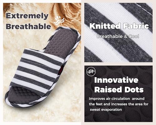 Image of Women's House Slippers Open Toe, Soft Knit Striped Bedroom Slippers with Cushioned Footbed, Non-Slip Sole for Indoor Home Use