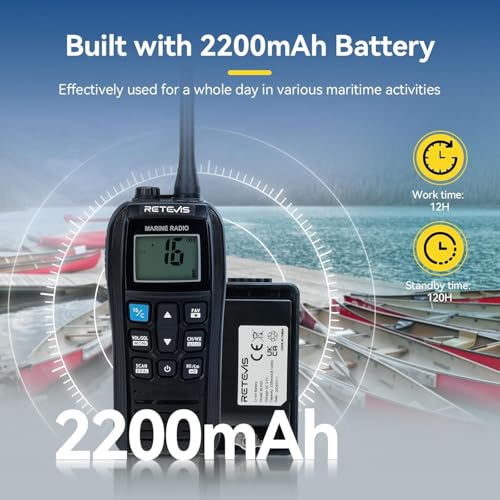 Image of Retevis RM22 Marine Radio, IP67 Waterproof Handheld Floating Radio, High Power, Noise Cancelling Mic, Backlit LCD Display, NOAA Weather, 2200mAh Battery, USB Charging, Boat Radios(1 Pack)