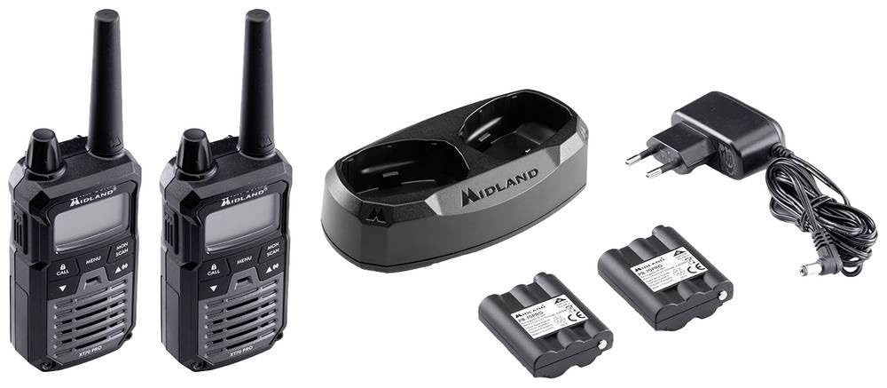 Midland XT70 Pro Adventure PMR + LPD-Funkgeräte mit bis zu 12 km Reichweite, 101 Kanäle, Walkie Talkie Set, IP X4 wasserdicht, Paar, schwarz grau
