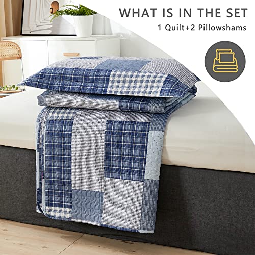 Jarson Blue Plaid Quilts Set Lightweight Summer Bedding Full/Queen Size, 3Pcs Modern Patchwork Bedspreads Reversible Stripe Coverlet Pillow Shams #TOP6