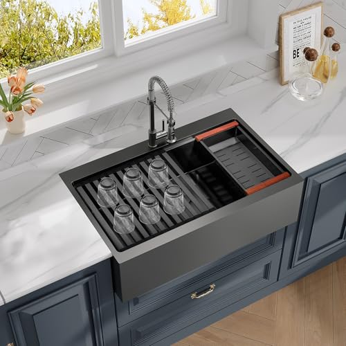 Rhbamoa Black Farmhouse Sink 33 inch,16 Gauge T304 Stainless Steel Drop in Kitchen Sinks,Single Bowl Apron Front Kitchen Farm Sink,Deep Topmount Workstation Sinks with All Accessories