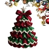 DIY Crochet Christmas Tree Kit,Handmade Crochet Christmas Tree,Tree Bow Pearl Embellishment,Beginner Christmas Crochet Kit,Christmas Craft Kit with Yarn Hook Beads Instructions(Red)