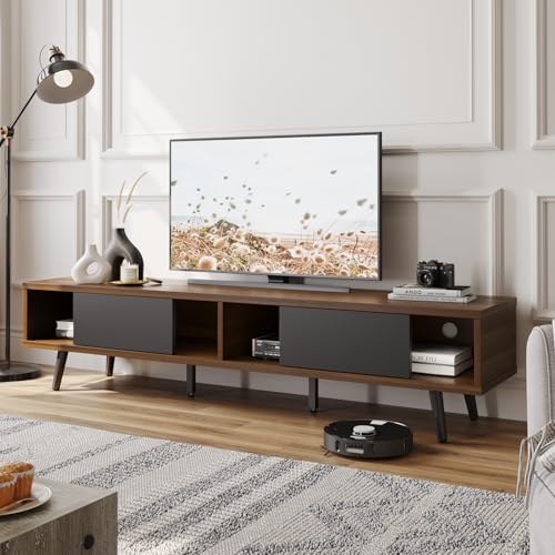 Bestier Mid Century Modern TV Stand for 75 inch TV, 70 inch Low Profile TV Stand with Storage, Entertainment Center for Living Room, Bedroom, Walnut