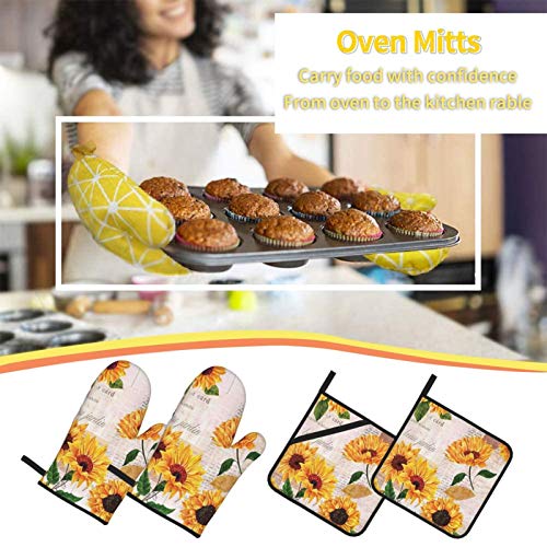 Vibrant Yellow Sunflowers Oven Mitts And Pot Holders Sets 4 Pcs Set, Heat Resistant Soft Cotton Lining With Non-Slip Surface Oven Gloves For Kitchen Cooking Baking Bbq #TOP5