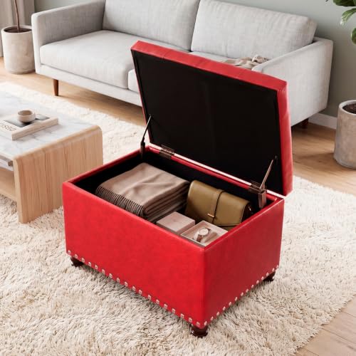 Image of Joveco Leather Storage Ottoman, 24 inch Rectangle Square Bench Foot Rest Stool for Bedroom Living Room, Red