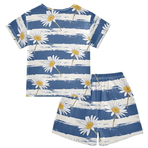 ALAZA Daisy Flowers Blue Stripes Pajama Set Short Sleeve Sleepwear Soft Lounge Nightwear2