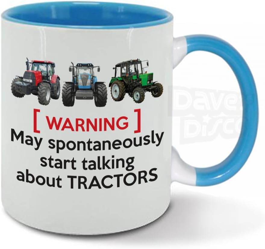 Warning May Spontaneously Start Talking About Tractors, Farmer, Farming, Drive, Driver, Birthday Gift idea, Blue Inside, Ceramic Mug, Cup