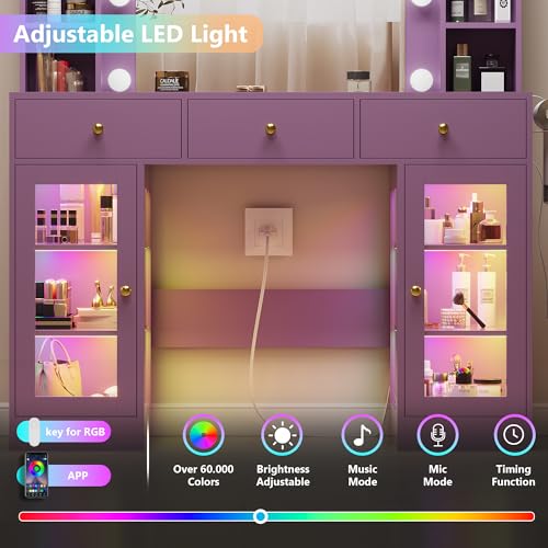 Image of HUANLEGO Purple Vanity Desk with Mirror and Lights, Glass Top Vanity with Lighted Mirror & RGB Glass Cabinet and 3 Drawers, Makeup Desk with Lights Dressing Table for Bedroom, 3 Color Modes