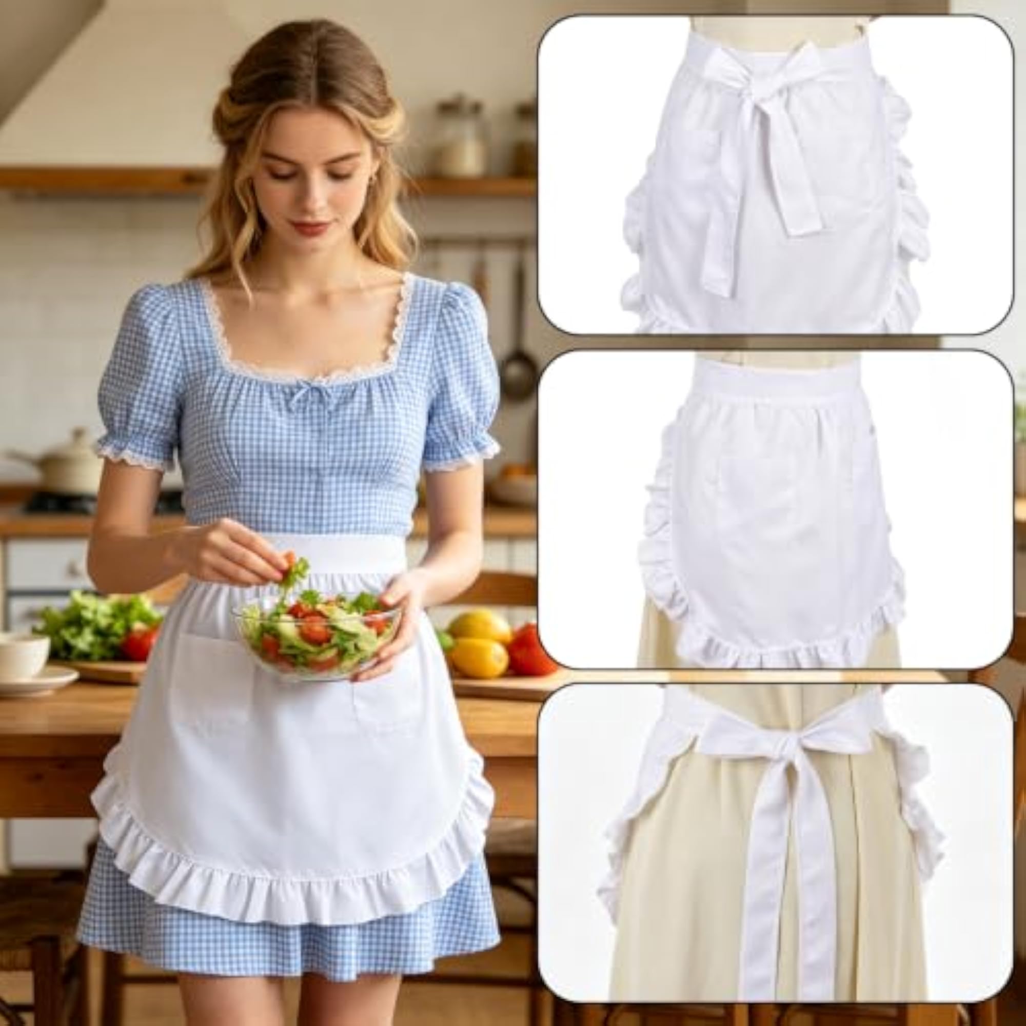White Waist Apron with Pockets for Women, Maid Half Apron with Ruffle