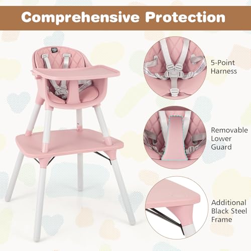 Image of BABY JOY High Chair, 5 in 1 Convertible Highchair for Babies & Toddlers | Booster Seat | Table and Chair Set | Infant Feeding Chair with Removable Tray, Safety Harness, Removable Cushion (Pink)