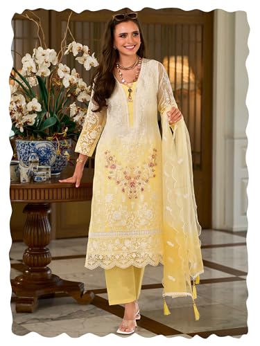 Image of INDO ERA Womens Organza Embroidered Straight Kurta Pant Dupatta Set (IEOUT10602)