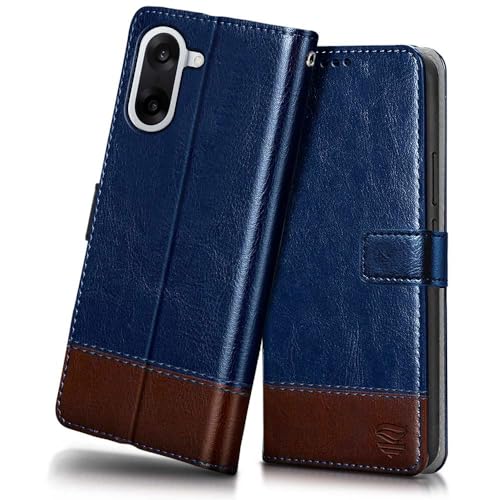 Image of FLIPPED Vegan Leather Flip Case Back Cover for 1+ OnePlus Nord CE 5 5G (Flexible, Shock Proof | Hand Stitched Leather Finish | Card Pockets Wallet & Stand | Blue with Brown)