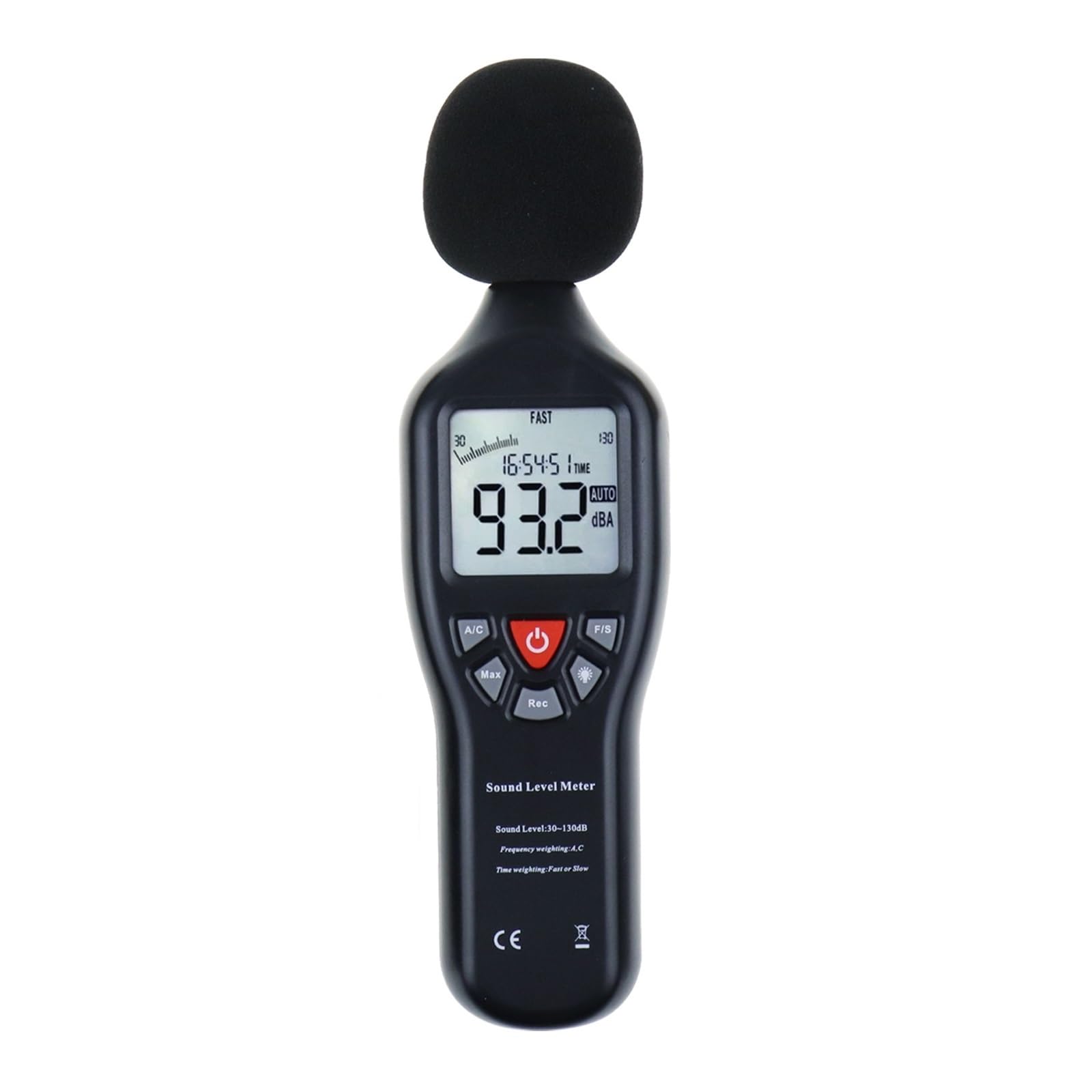 Sonómetro Digital de decibelios 30dB-130dB con función de grabación de Datos, CD con Software y Grabador de Ruido.