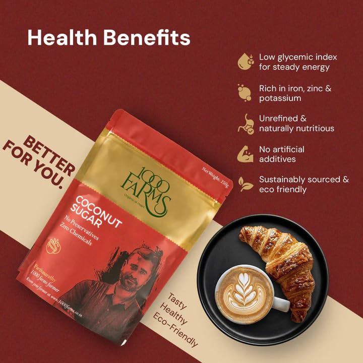 Image of 1000 Farms Organic Coconut Sugar 250g | Coconut Palm Sugar | Natural Sweetener for Tea, Coffee & Baking | Unrefined, No Preservatives, Zero Chemicals