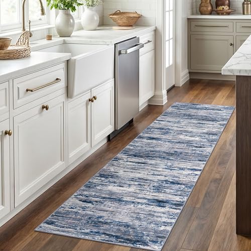 2x6 Navy Blue Gray Neutral Multi Modern Abstract Runner Rug for Hallways, Super Soft Hallway Decor Kitchen Rugs with Non-Slip, Non-Shedding Washable Rug for Entryway Bedroom Indoor