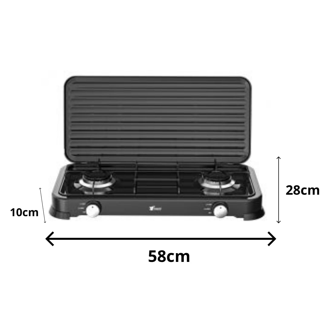 Cocina de Gas Portátil 2 Fuegos con Parrilla y Tapa Extraíble – Compatible con Butano y Propano – Ideal para Camping, Caravana y Exterior – Compacta, Segura y Fácil de Limpiar