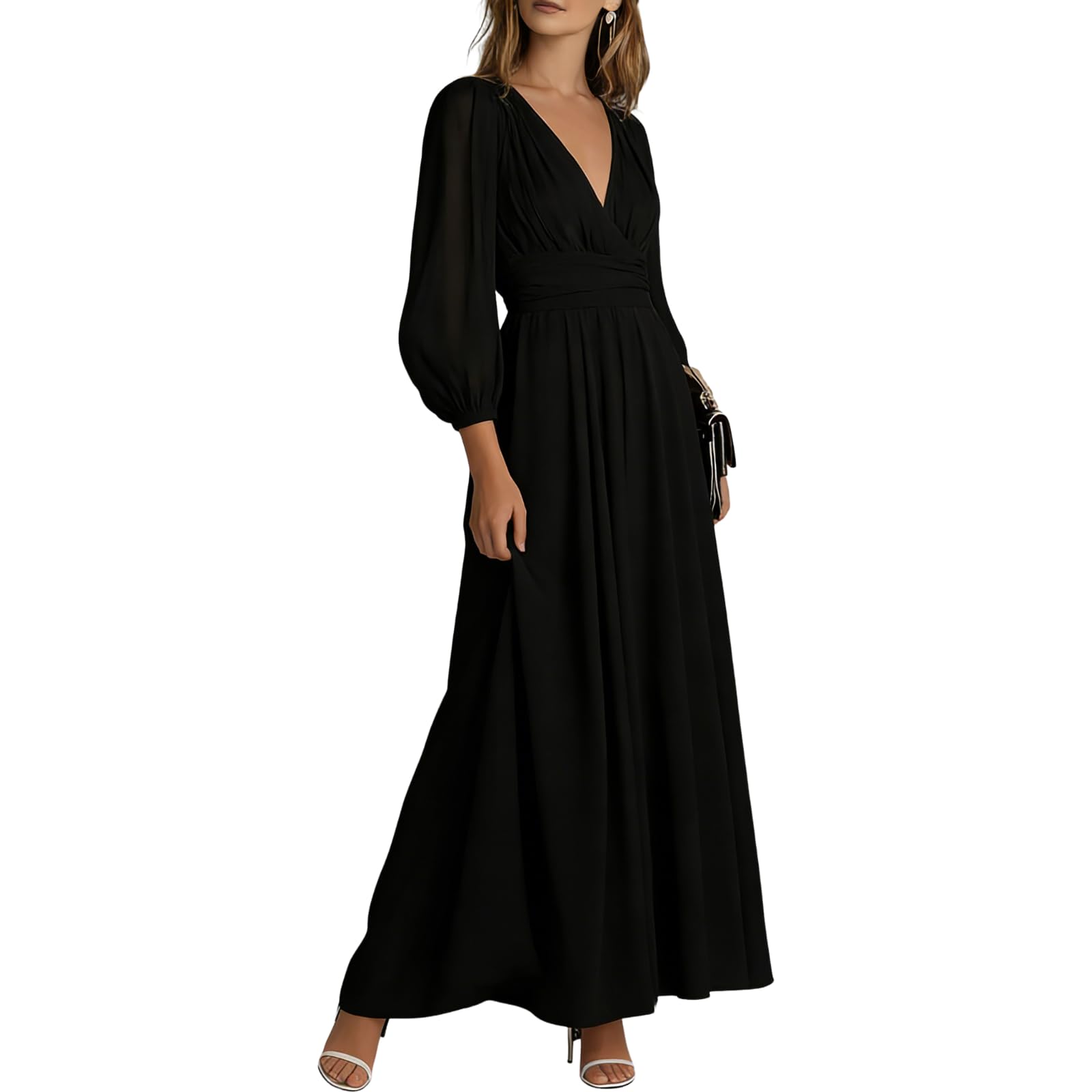 Photo 1 of XNC Long Sleeve Dresses for Women 2026 Spring Summer Casual Boho Floral Chiffon Dress Tulle Flowy Maxi Wedding Guest Dress Black