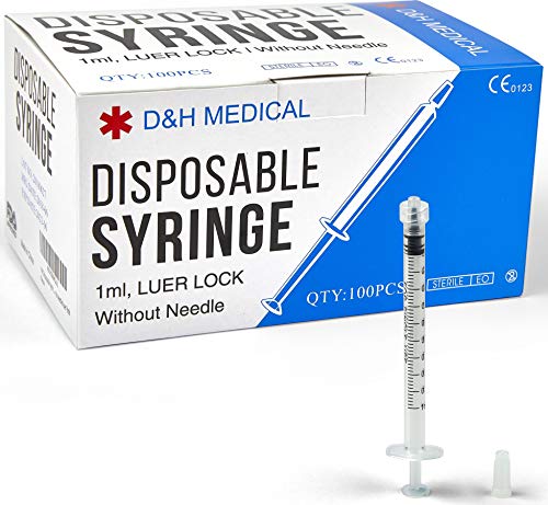 Disposable Luer Lock 1ml Syringes 100-Pack (No Needles) | Individually Packed Luer-Lock Tip Syringe Set | Luer Lock Medicine Oral Syringes for Doctors & Vets