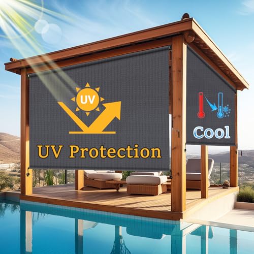 Image of 10' W x 8' H Cordless Outdoor Roller Shades, Bluegrey | 90% UV Block, Patio Roll Up Outdoor Blinds, 2 Poles & 1 Fabric, Exterior Sun Shade Cloth For Porch, Gazebo, Balcony, Pergola