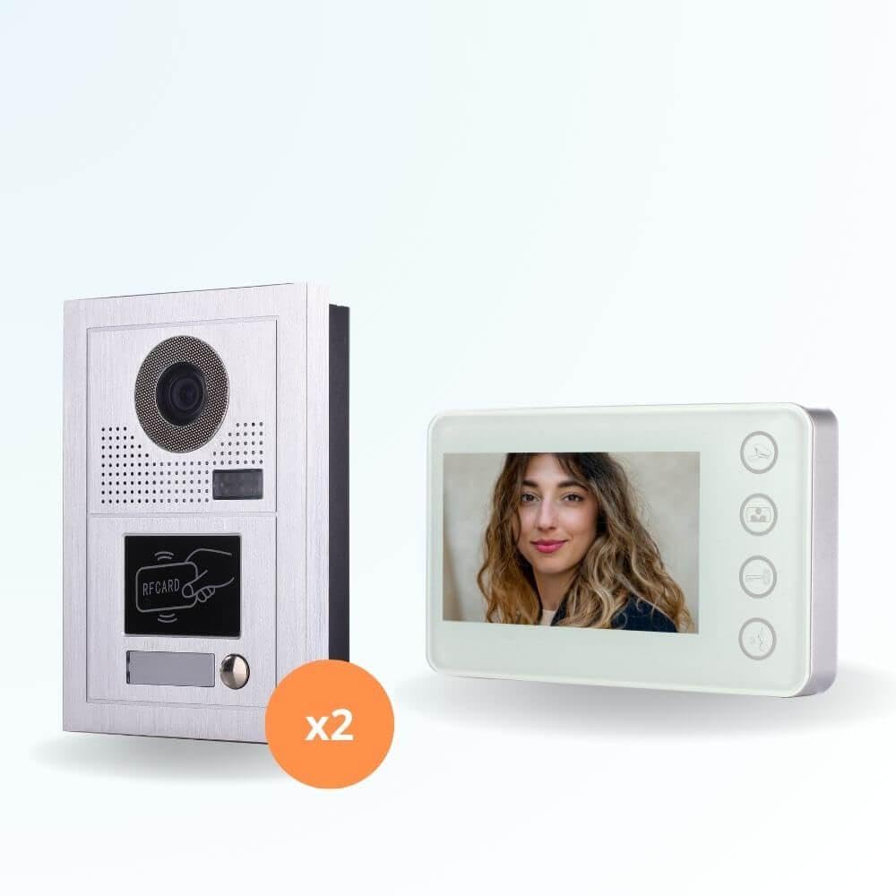 Portier interphone vidéo Modern 2 Fils pour 2 entrées - 1 Appartement - 2 platines - 1 écran Blanc - avec Lecteur de Badge