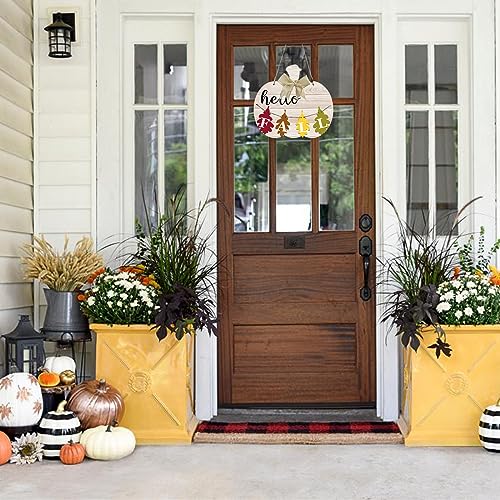 Hello Fall Pumpkin Door Sign Fall Autumn Farmhouse Sign Red Yellow Brown Green Maple Leaf Wood Home Decor - Image 4