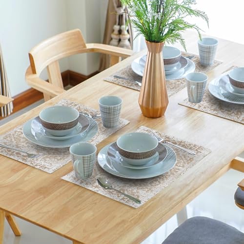 Image of Gray Khaki Boho Placemats Set of 6 Ethnic Bohemian Carpet Place Mats Washable Kitchen Dining Vintage Grey Geography Floral Linen Table Mats Stain Heat-Resistant for Home Party Indoor 12x18 in