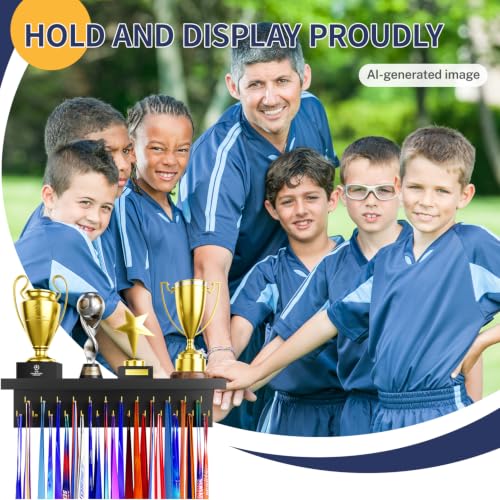 Image of Medal Holder Display Trophy Shelf Organizer, Sturdy Wooden Race Award Hanger Rack with 25 Steel Hooks, Wall Mount Storage Stand for Sports Fans, Cheer Success