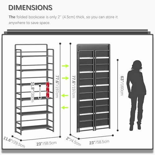 4NM No Assembly 6 Tiers Folding Bookshelf Storage Shelves Vintage Bookcase Standing Racks Study Organizer Home Office (All Black) by 4NM - Image 5