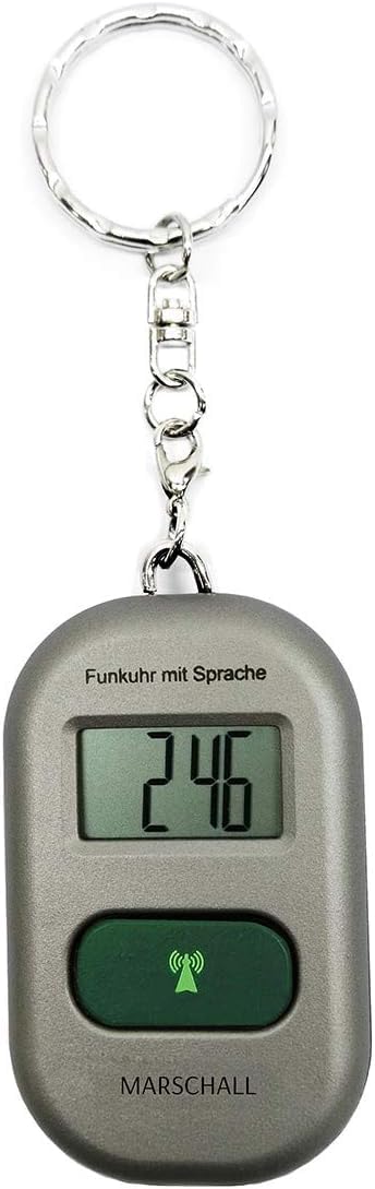 Marschall Schlüsselanhänger Deutsch sprechende Funkuhr I 1117M I Umhängeuhr Silber I Extra Laute Sprachausgabe I Großes LCD Display I Perfekt für Senioren, Blinde und Demenzkranke