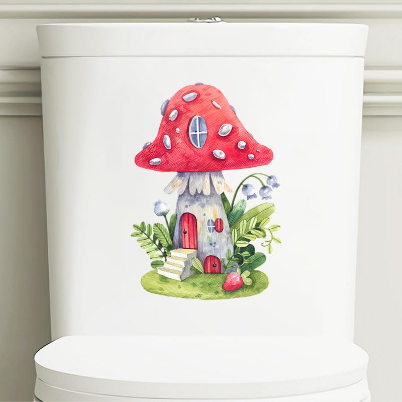 Mushroom House Toilet Cover Sticker Decals,Cartoon Spring Flower Leaf Waterproof Toilet Lid Tank Seat Decals Cistern Self-Adhesive Bathroom Wall Sticker