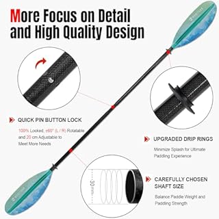 WONITAGO Kayak Paddle Premium Carbon Fiber Paddle with Reinforced PP + Fiberglass Blade, Floating Adjustable Kayaking Oars, 3 Piece, 220-240 cm/86-94 Inches Ocean Teal