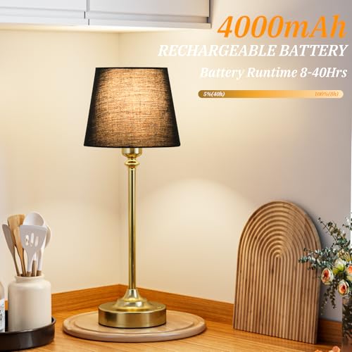 Image of Kakanuo Cordless Table Lamps Rechargeable Set - 2 Pack Brass 4000mAH Battery Operated Lamps for Decor, 3000K Stepless Dimming Touch Wireless Lamp for Bedroom, Dining Table, Living Room, Black Shade