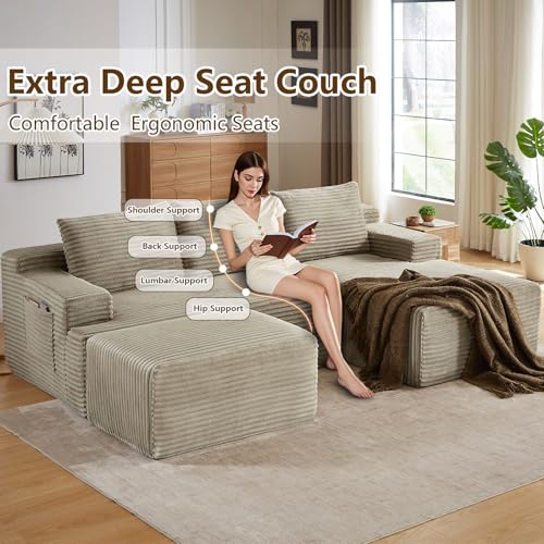 Image of 96 inch U-Shape Cloud Couch, Modern Modular Sectional L-Shape Sofa with Ottoman, Corduroy Upholstered Couches Deep Seat Sleeper Chaise Longue for Living Room, No Assembly Required(Camel, Right Facing)
