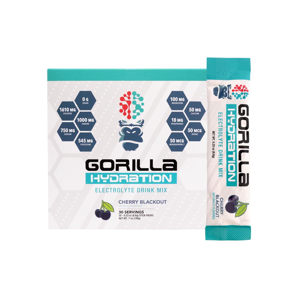 Gorilla Mind Hydration Packets - 3,073mg Electrolytes On The Go Convenient Drink Mix for Comprehensive Replenishment - Zero Sugar, Naturally Sweetened & Fasting Friendly - 30 Count (Cherry Blackout)