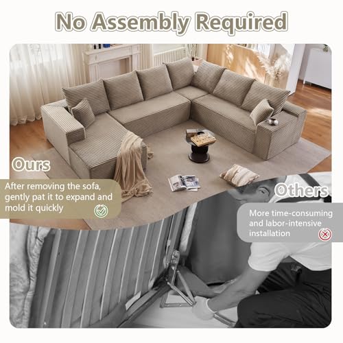 Image of Sectional Cloud Couch with L-Shape Chaise, Upholstered Corduroy Couches Stupendous U Shaped Sofas, Modern Modular Comfy Sofa with Deep Seat for Living Room Bedroom, No Assembly Required, Camel