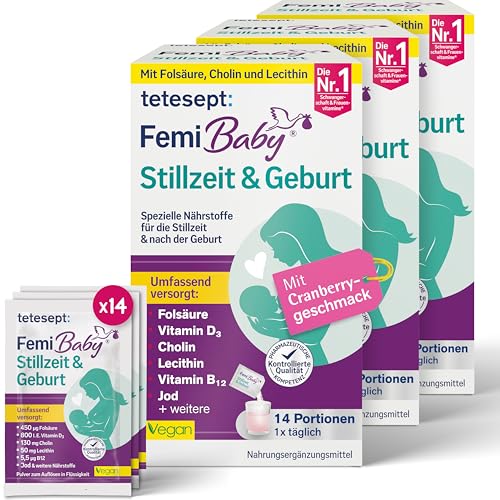 tetesept Femi Baby Stillzeit & Geburt | 3 x 14 Sachets I Folsäure Vitamin D B Cholin Lecithin Zink + mehr I Nährstoffe & Vitamine für Mama & Kind | Vegan Glutenfrei Laktosefrei Zuckerfrei