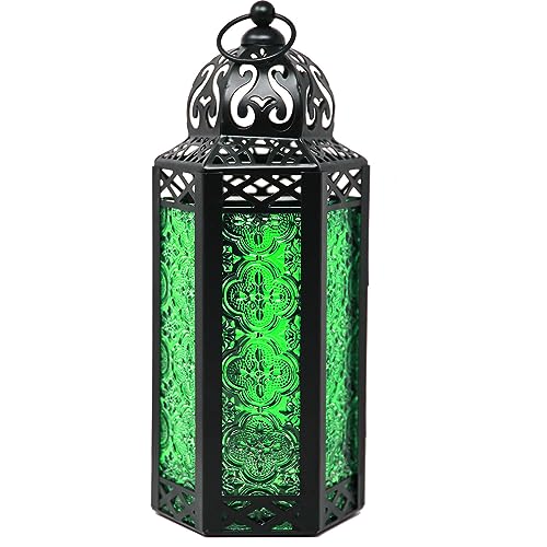 Vela Laternen, marokkanische Lampenlaternen, dekorative Kerzenhalter für Innen- und Außenbereich, Heimdekoration, Halloween, Terrasse, Hochzeiten, grünes Glas, mittelgroß