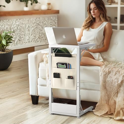 Image of Folding TV Tray Table, Small Folding Side Table with Storage Bag, Portable C Shaped End Table for Couch Sofa Bed, White