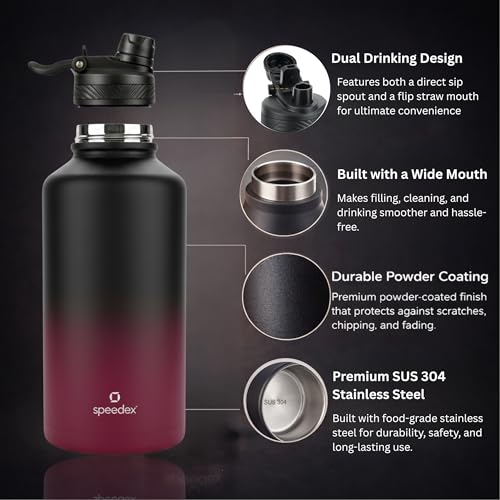 Image of Speedex Vacuum Insulated Stainless Steel Water Bottle 2 Litre (2000ml / 2L / 2 Ltr) with 2-in-1 Lid (Straw & Spout), Hot & Cold Leakproof Thermosteel Travel Flask for Gym & Outdoor (Black-Wine)