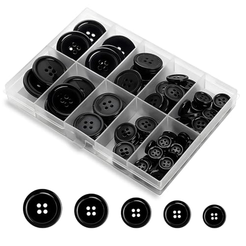 YCLFHOO 100 Pcs Black Mixed Buttons 5 Sizes Resin Buttons with 4 Sewing Holes and Storage Box Ideal for Sewing Cardigans Trousers Clothes Making Art