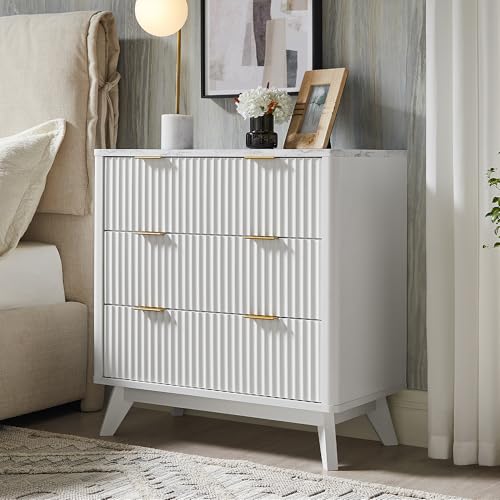 Image of T4TREAM Fluted 3 Drawer Dresser, 32 inch Tall Modern Chest of Drawers with Faux Marble Top, Curved Profile Design, Wood Drawer Organizer for Bedroom, Living Room, Hallway, Entryway, Solid White