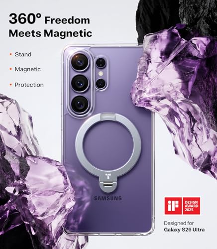 Image of TORRAS Q3 Spin for Samsung Galaxy S26 Ultra Case with Kickstand, Strong Magnet, Slim Hard PC Protective S26 Ultra Clear Back Cover with 360 Magnetic Stand, Transparent Clear