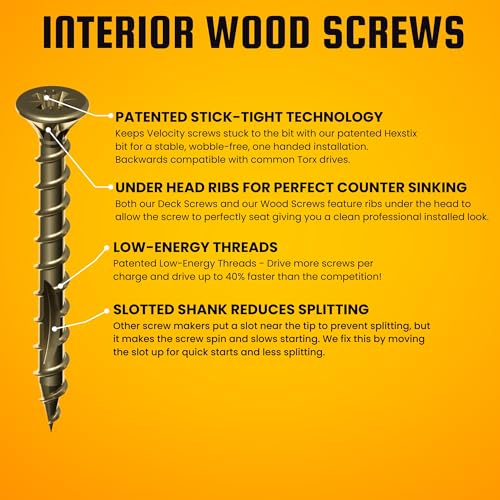 velocity interior 1 12 inch wood screws diy pack size 8 100 pcs  zinc and yellow coating stick-tight technology screw for wood working with psd acr driver bit