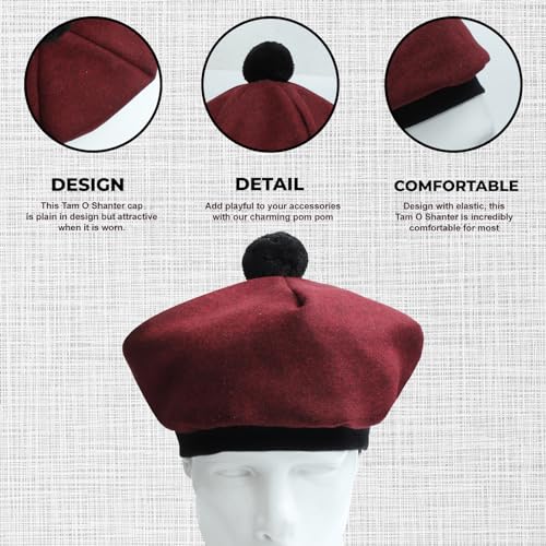 Image of Scottish Tam O' Shanter Hat Tartan Bonnet Pom Pom Wool Flat Cap One Size