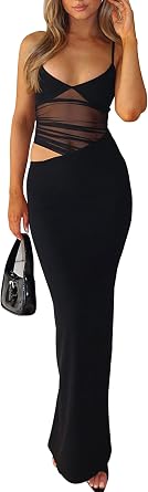 BORIFLORS Womens Sexy Bodycon V Neck Spaghetti Strap Maxi Dress