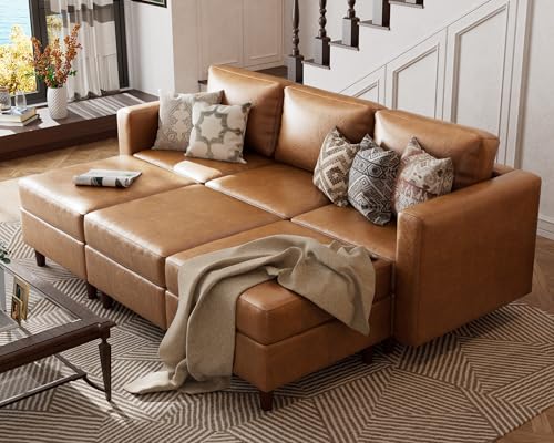 Image of ABCASA 91.5 inch Faux Leather Luxury Modular Sleeper Sofa Bed with Storage Seat, 6 Seat Sectional Couch Deep Seat with Reversible Chaises & Removable Cover for Living Room - Brown