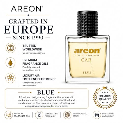 Image of AREON Car Perfume 1.7 Fl Oz. (50ml) Glass Bottle Cologne Air Freshener for Cars, Blue