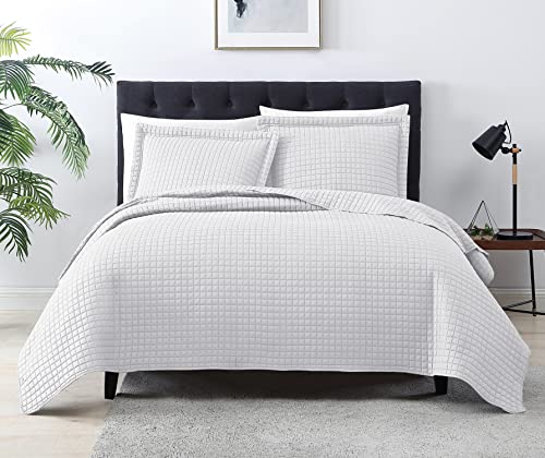 EXQ Home Quilt Set Twin Size White 2 Piece,Lightweight Soft Coverlet Modern Style Plaid Pattern Bedspread Set for All Season(1 Quilt,1 Pillow Shams)