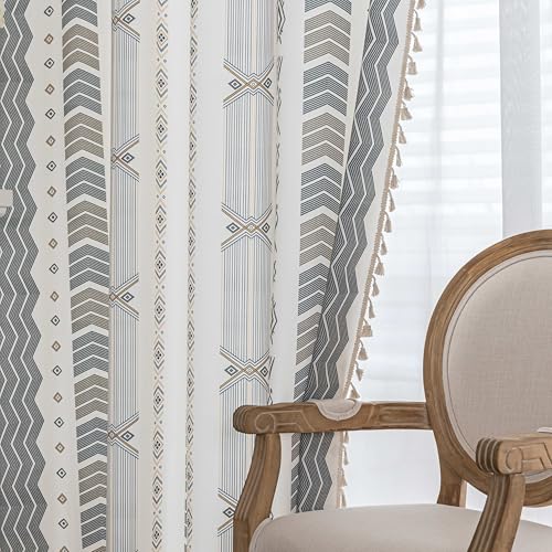 Image of Gray Geometric Curtains 102 Inches Long, Boho Farmhouse Light Filtering Rod Pocket Drapes with Tassel Trim for Bedroom Living Room, 2 Panels